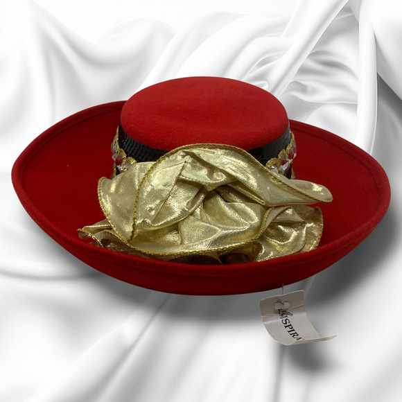 Vintage NEW Yehasso Red Wool Avant Garde Bolero Dress Hat Rhinestones Gold Bow main image 8
